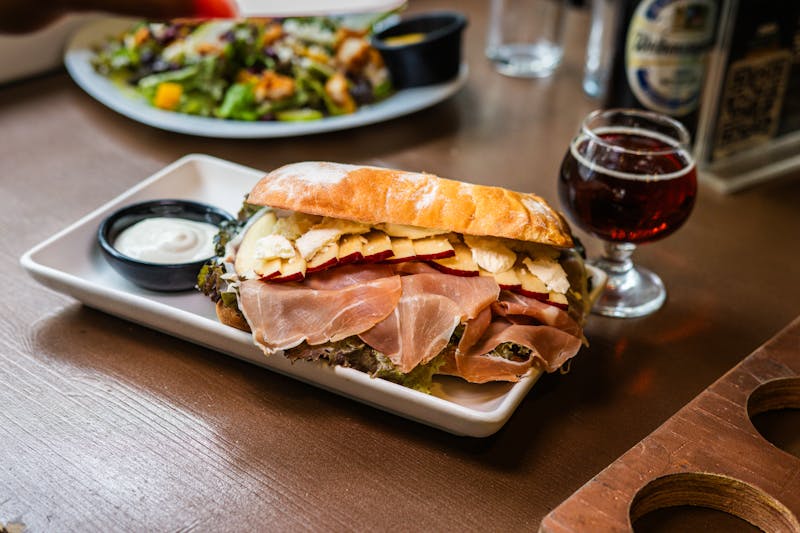 Italian sub sandwich with meats and vegetables